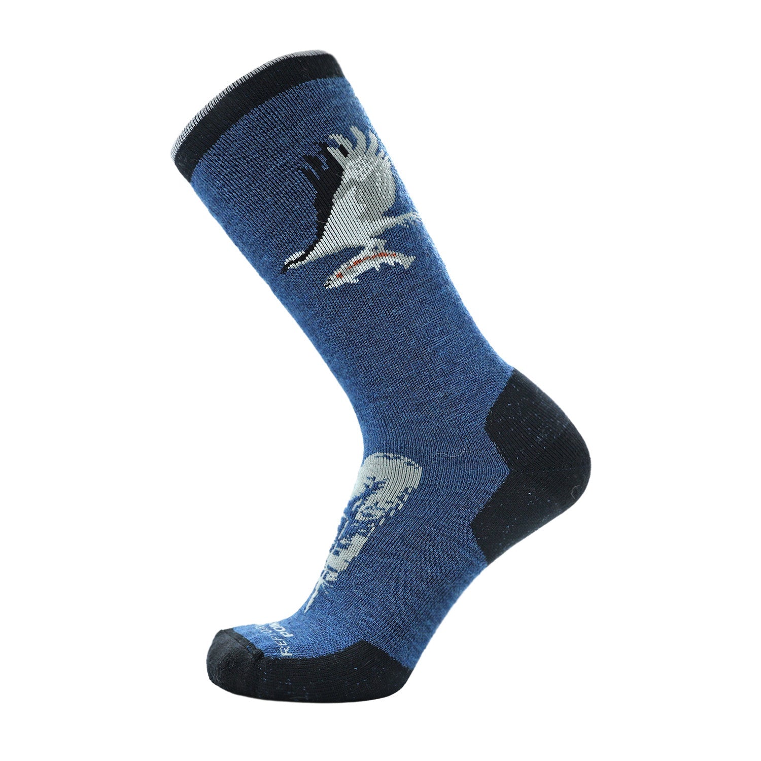 Sock with Osprey design carrying a fish. the top of the foot has a feather in gray