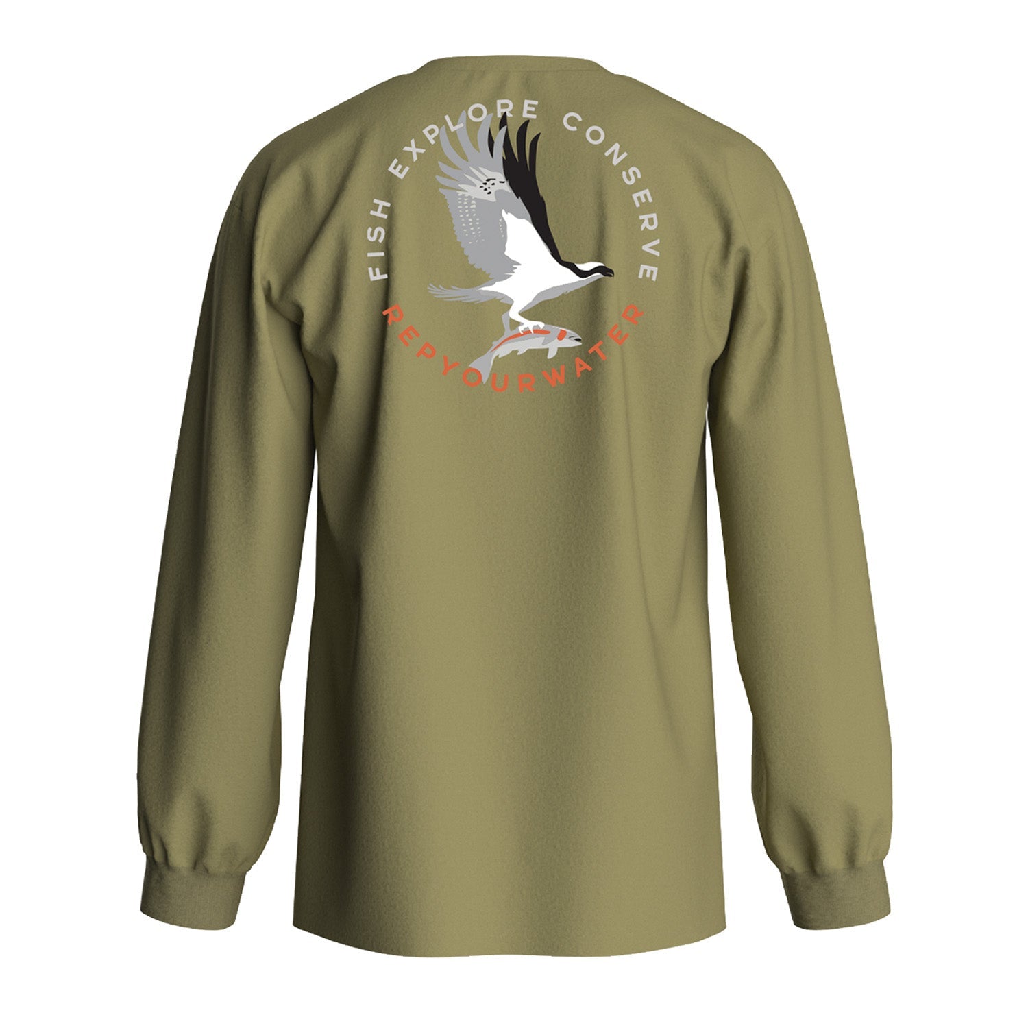 Green Long Sleeve T Shirt Back Print Osprey with rainbow trout round logo