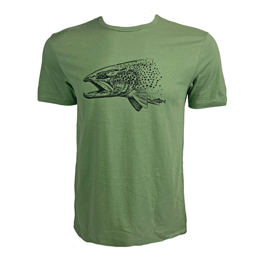 Green tee shown from the front with artistically rendered mature trout head on the chest.
