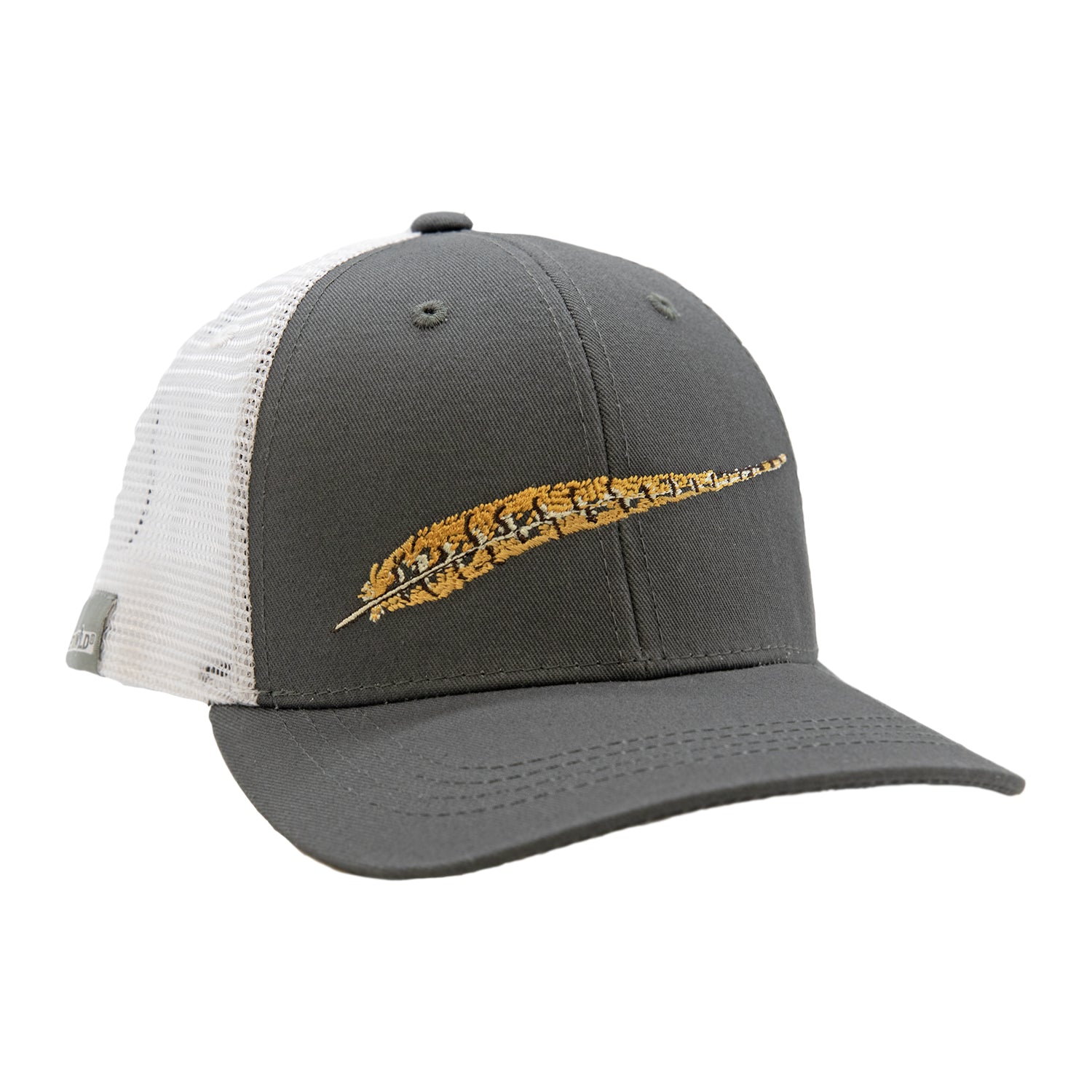 Gray hat with white mesh back with a pheasant tail feather on the front