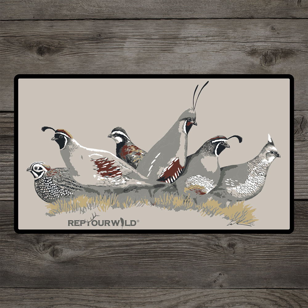 Sticker featuring six quail, light grey background and black border.