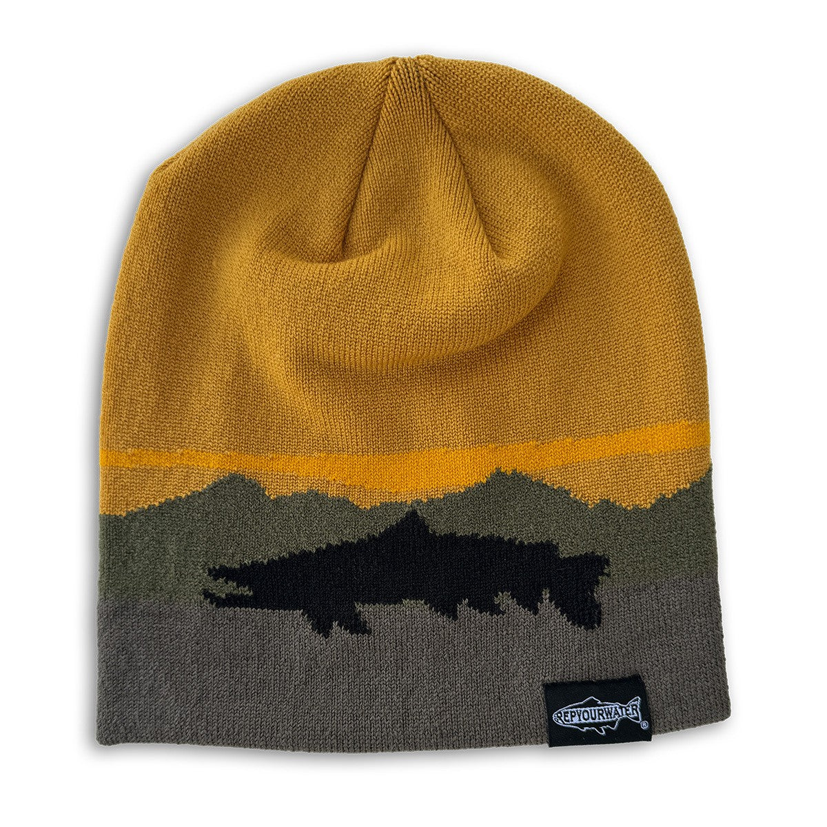 A winter hat with no cuff has a digitized image of a mountain range in the background with a black trout silhouette in the front.  There is a black tag that reads repyourwater.