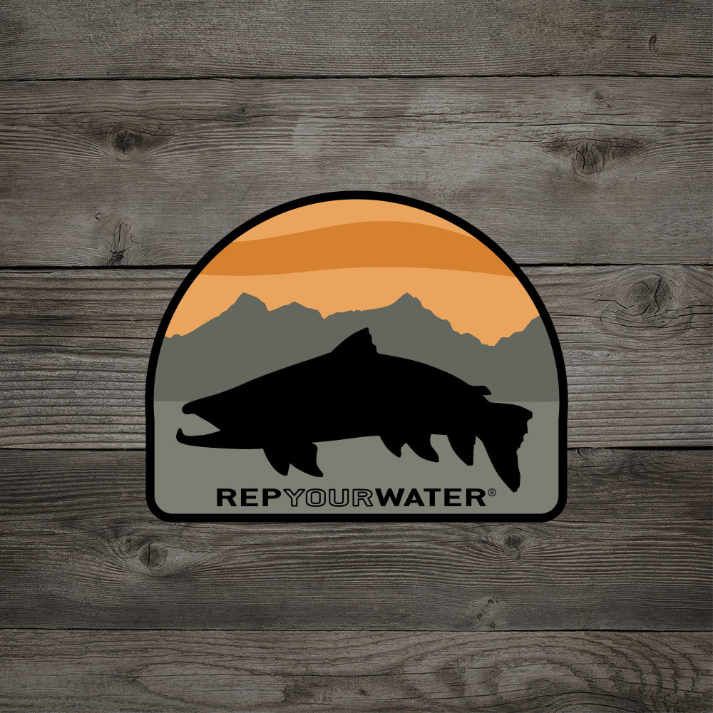 RepYourWater sticker showing a fish silhouette over mountains and a sunset sky.