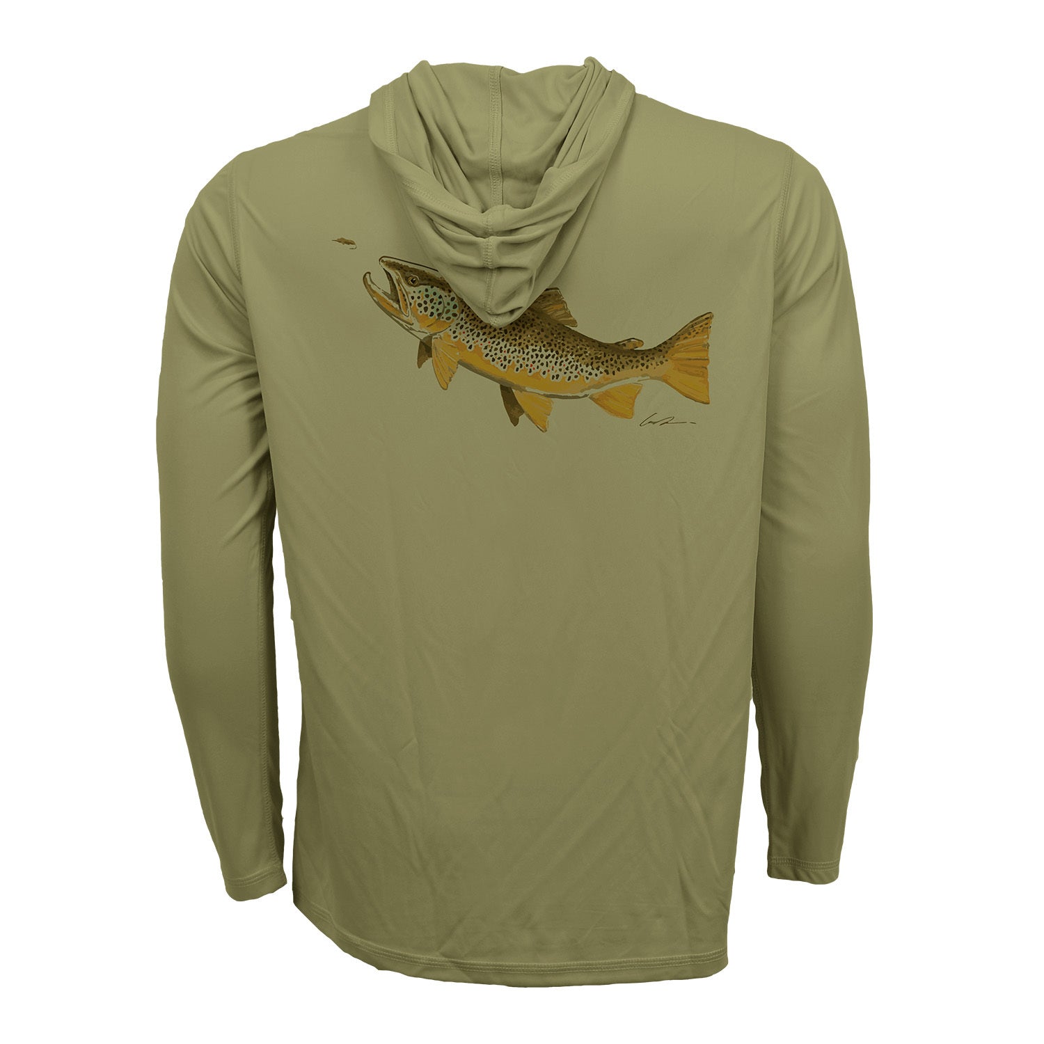 Green repyourwater eco50 sun hoody with a brown trout on the back sipping a dry fly called the rising brown