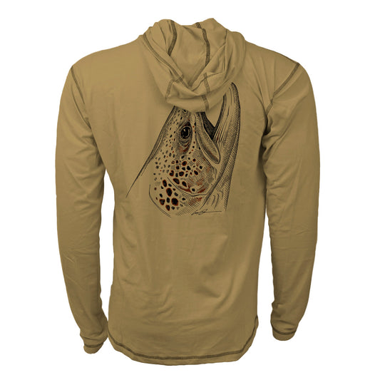dark tan sun hoody with a brown trout head on the back on the buckskin merino breeze sun hoody by repyourwater