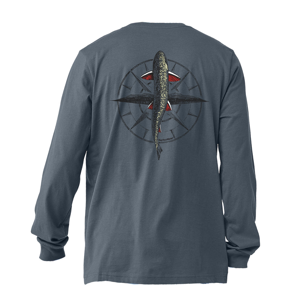 Long sleeve -shirt with brookie swimming over compass with mountains.