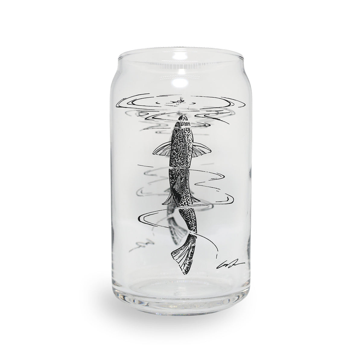 clear beer can style glass with a black ink print of a brooktrout rising through water to a fly