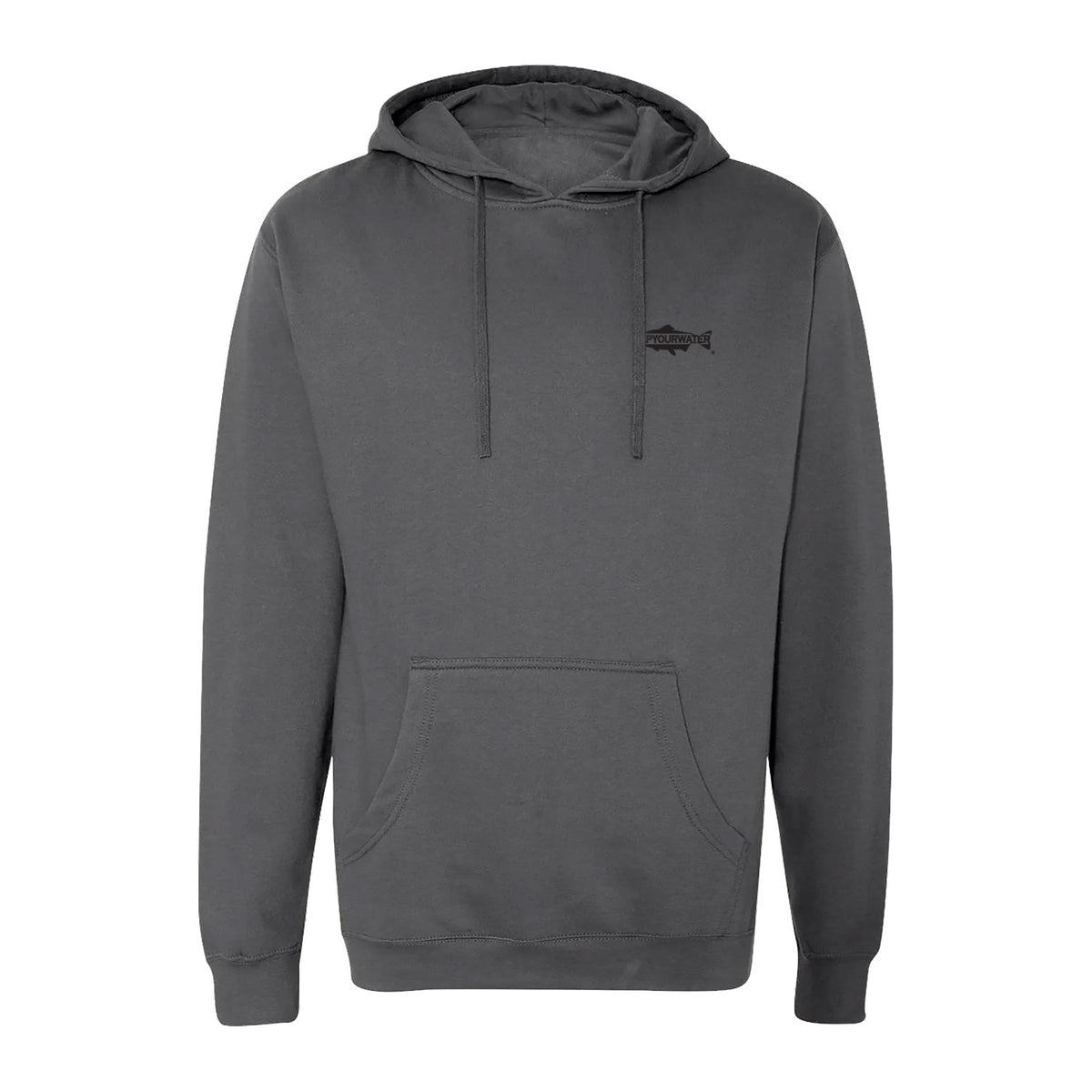A dark gray pullover hoodie with a small black fish logo on the left chest, displayed on a solid white background.