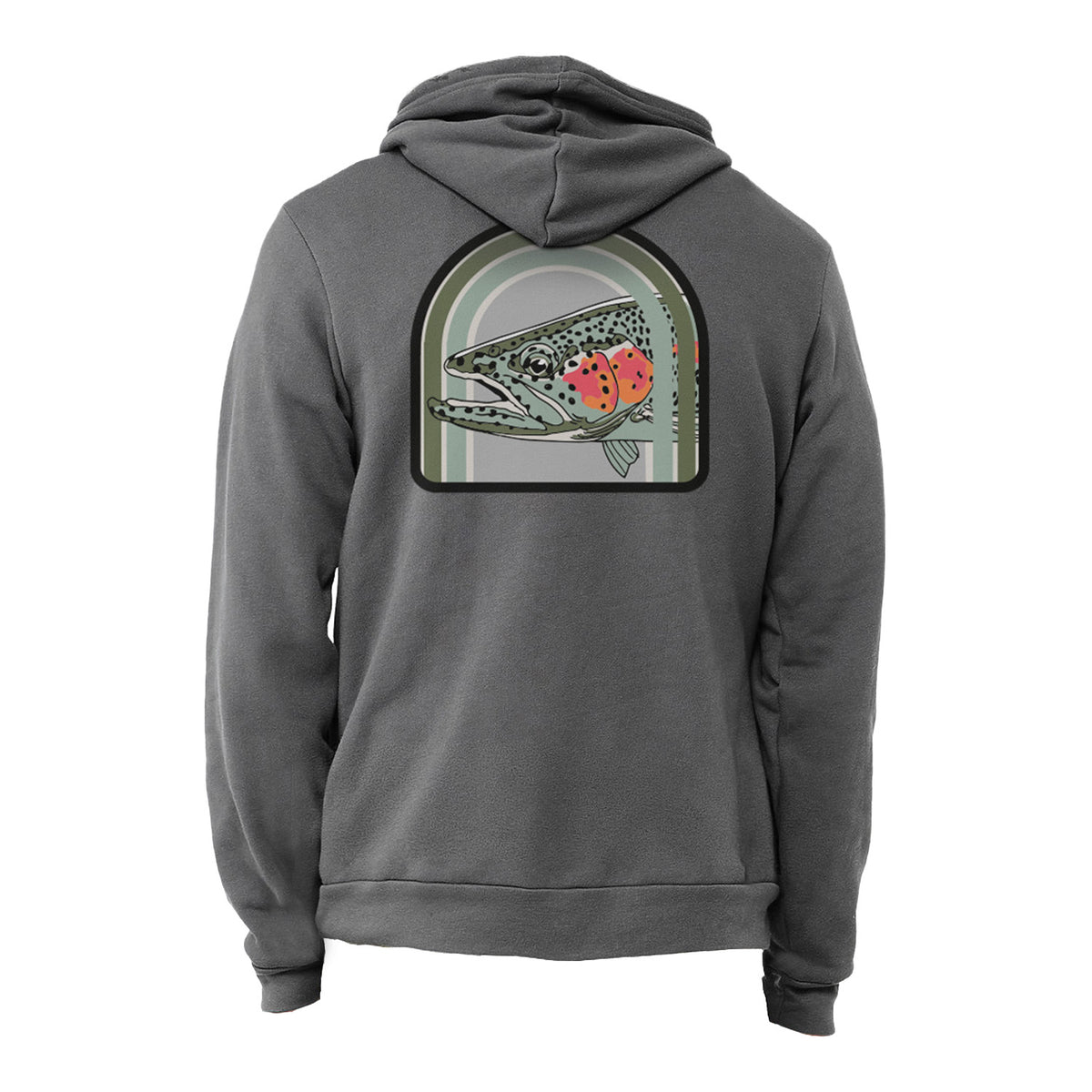 A dark gray hooded sweatshirt shown from the back, featuring a large graphic print of a trout with red spots inside an arched frame on the upper back.