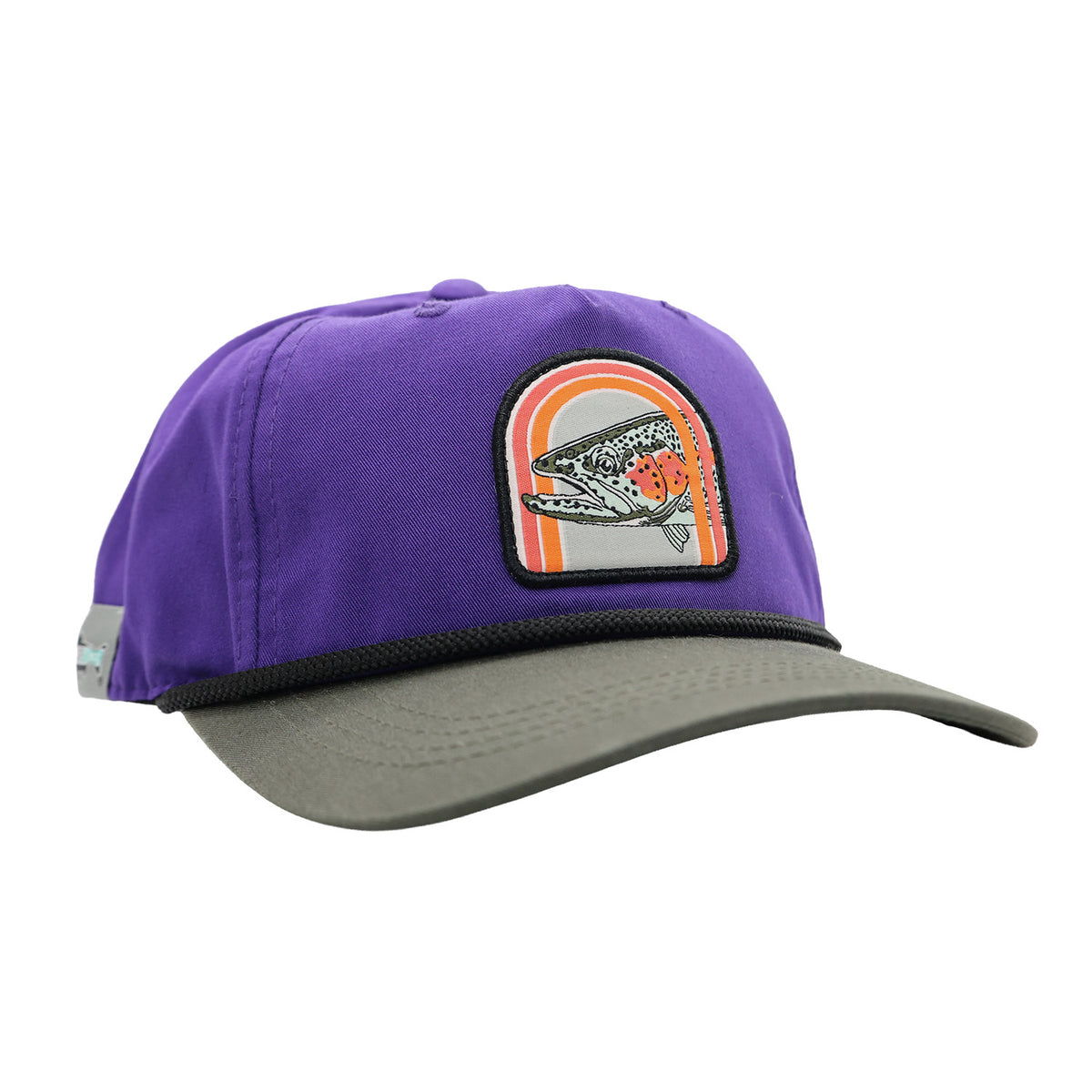 Purple and gray five-panel hat featuring a rainbow trout patch.