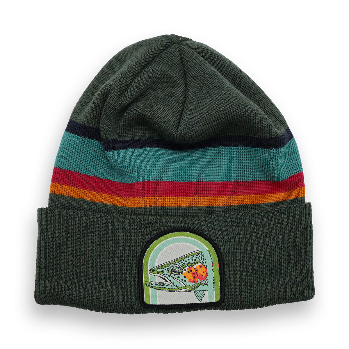 A dark green knit beanie hat with horizontal stripes in teal, red, and orange, featuring a circular fish patch on the front cuff.