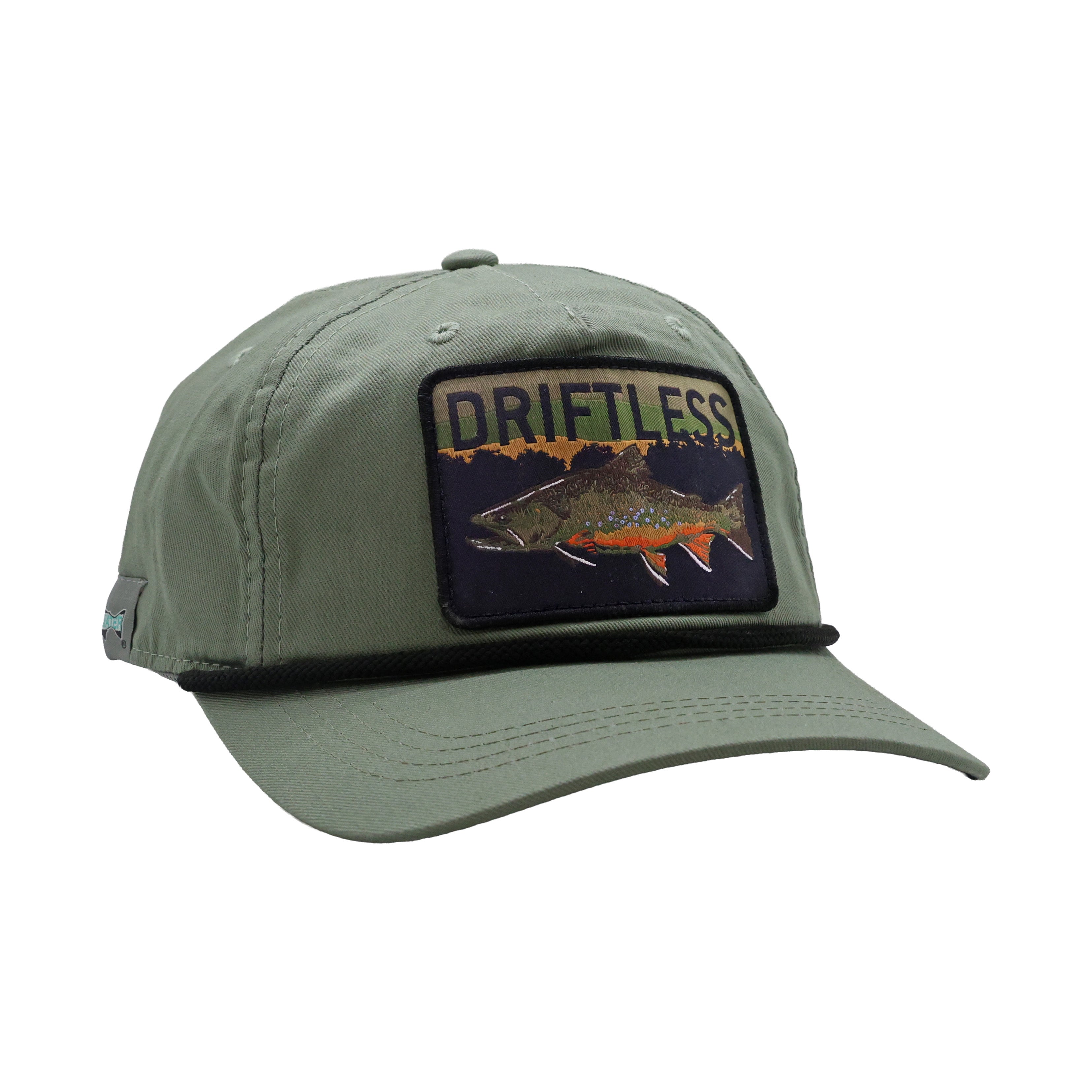 Olive green cap with rectangular Driftless trout patch and black rope detail on brim