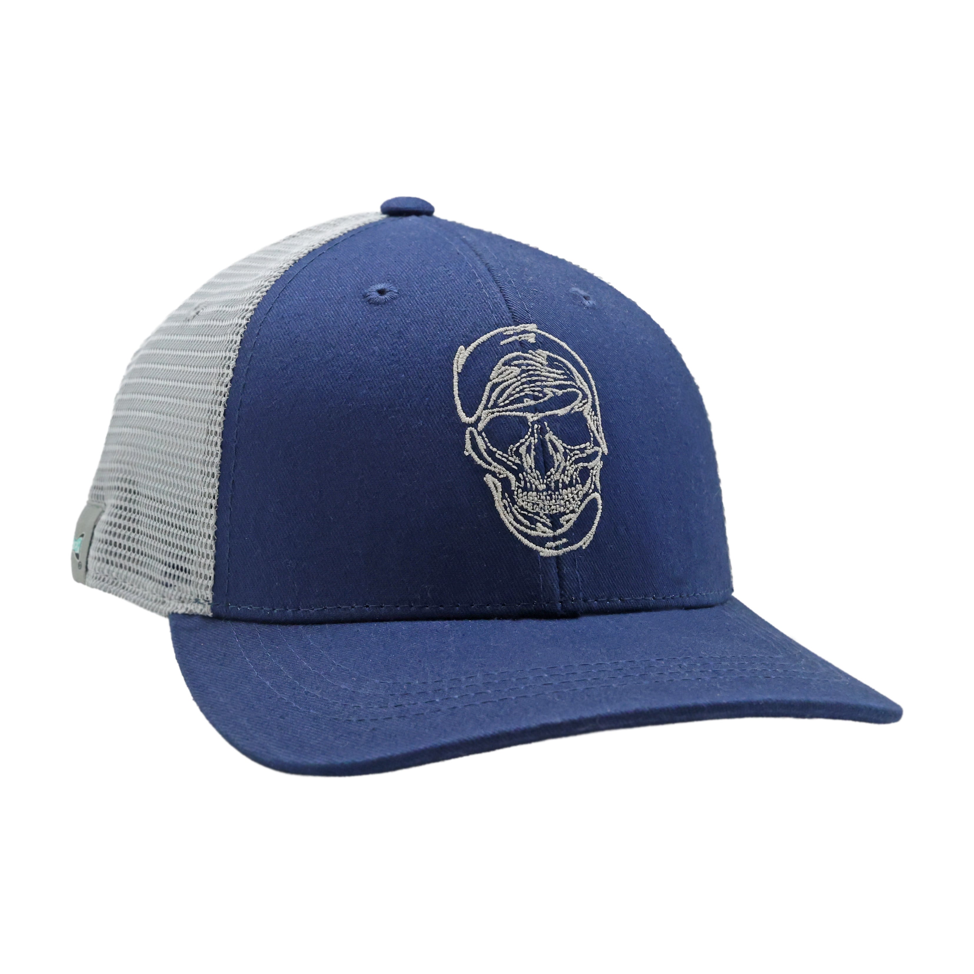 Navy and gray mesh back trucker hat with embroidered white skull graphic