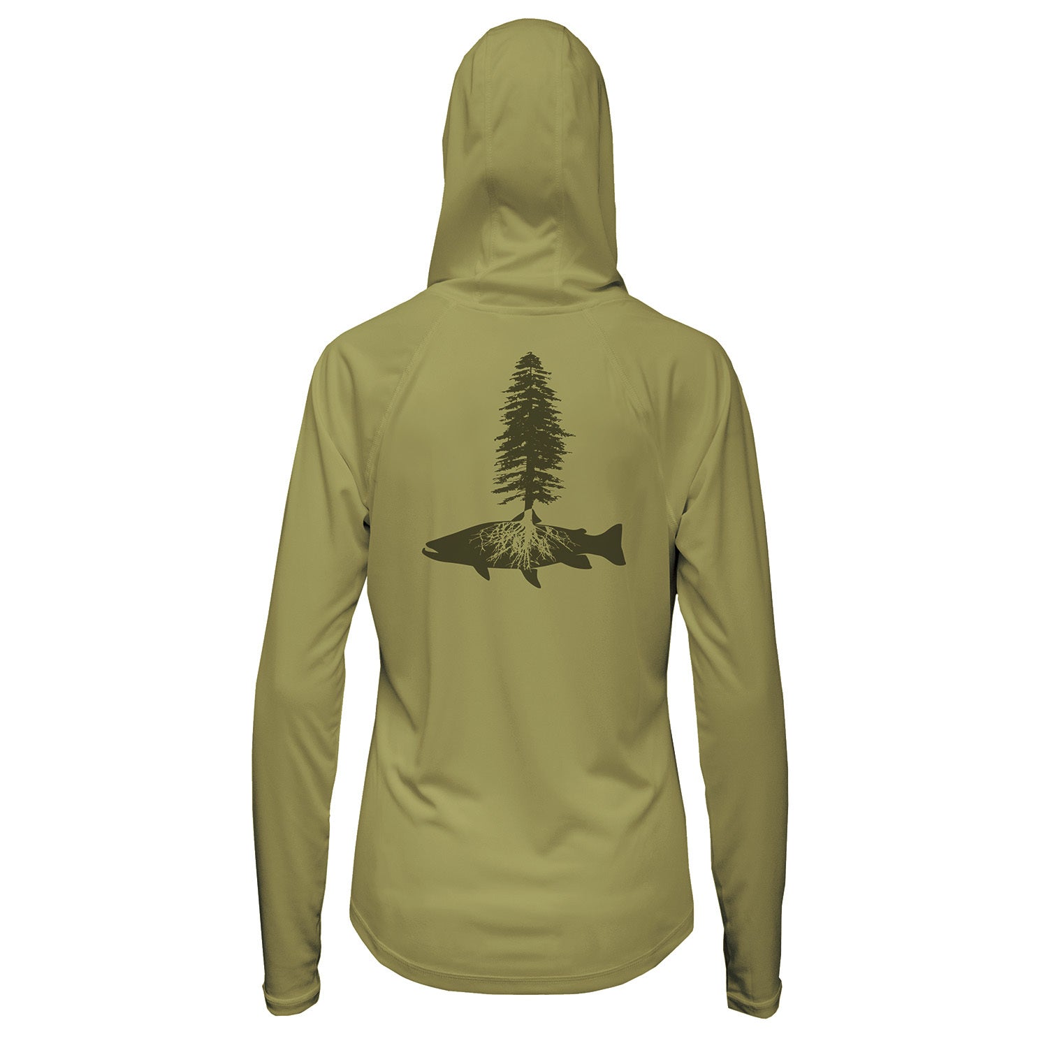 sage repyourwater womens eco50 sun hoody with a tree and trout silhouette called fly fishing roots