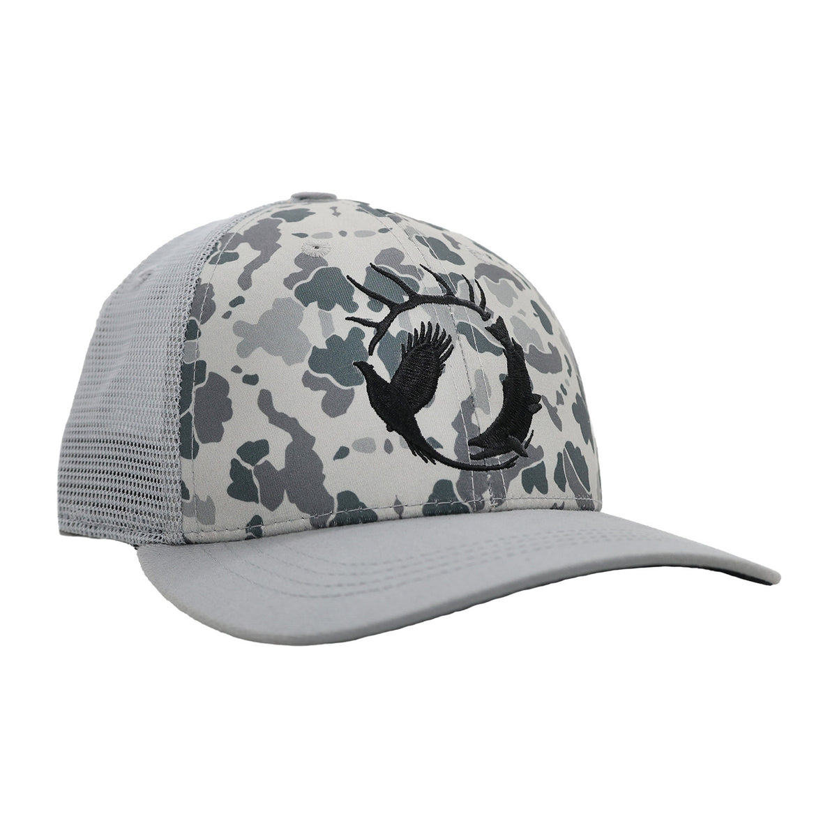 Gray camouflage trucker hat featuring an embroidered bird and antler design.