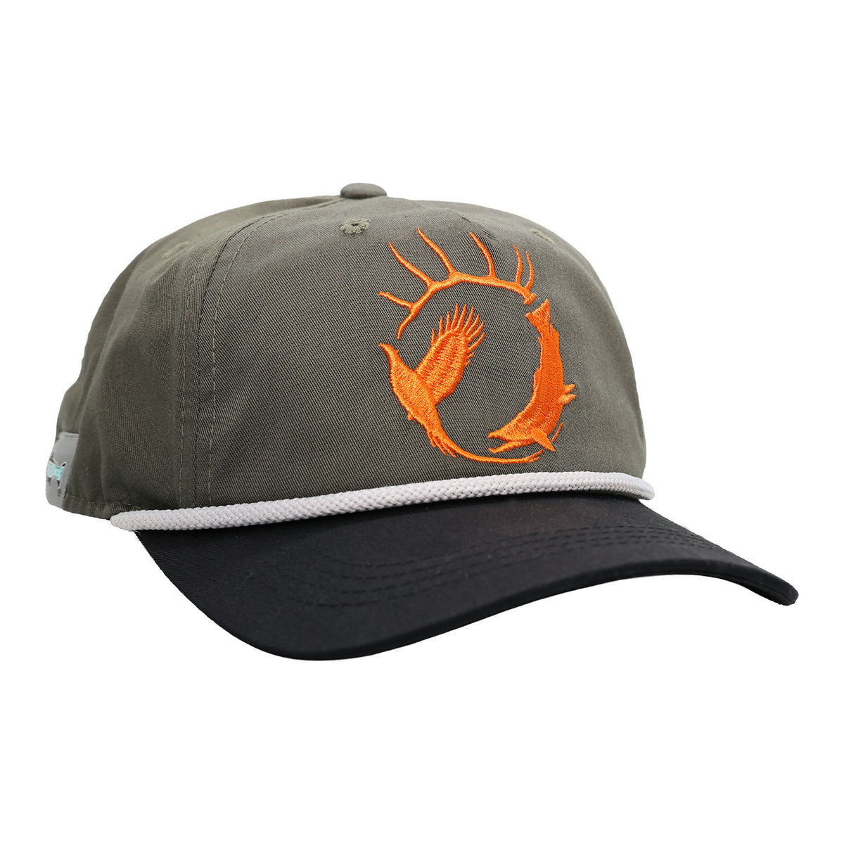 Olive and black five-panel hat featuring an orange embroidered fsih bird and antler design.