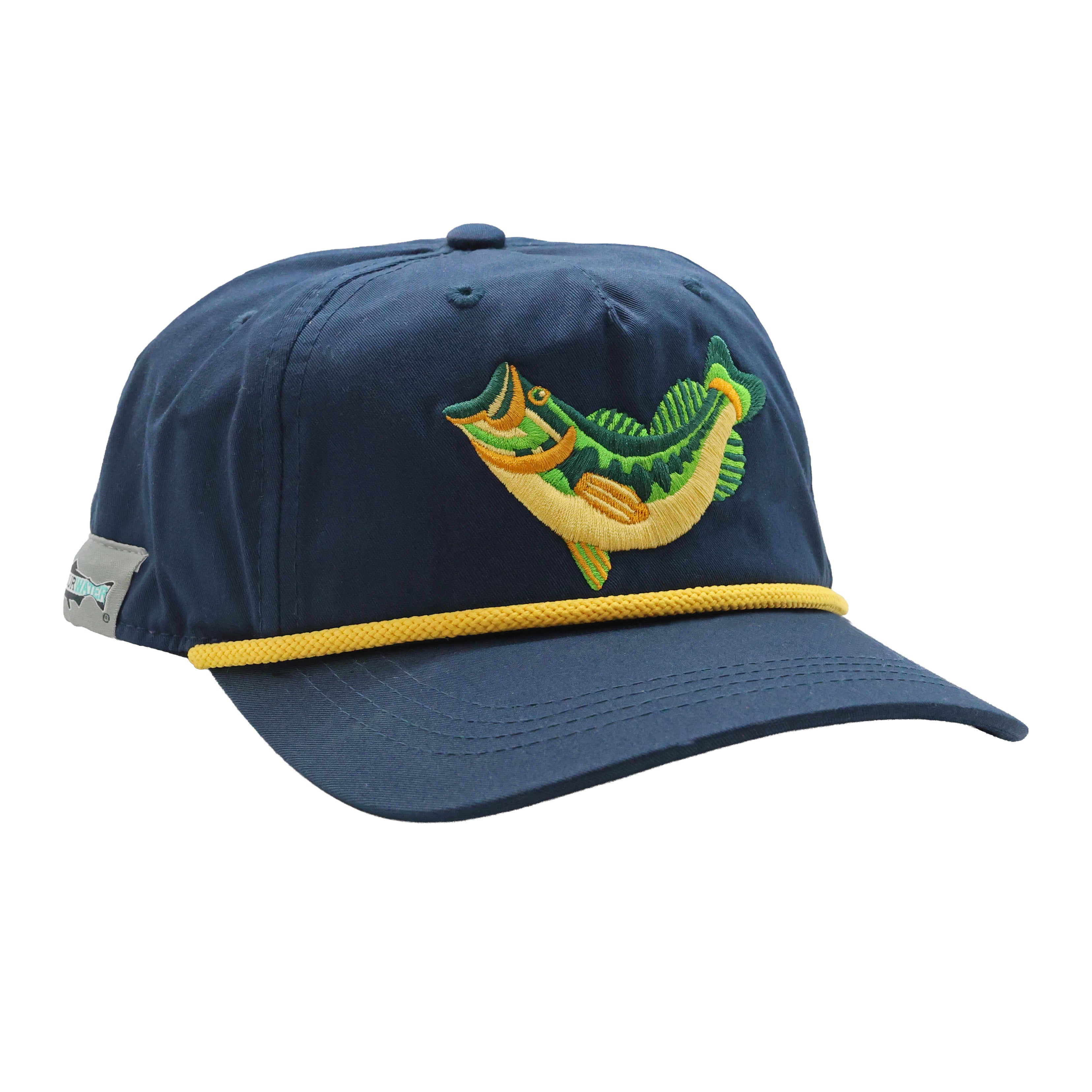 Navy cap with large embroidered green and yellow bass and yellow rope accent