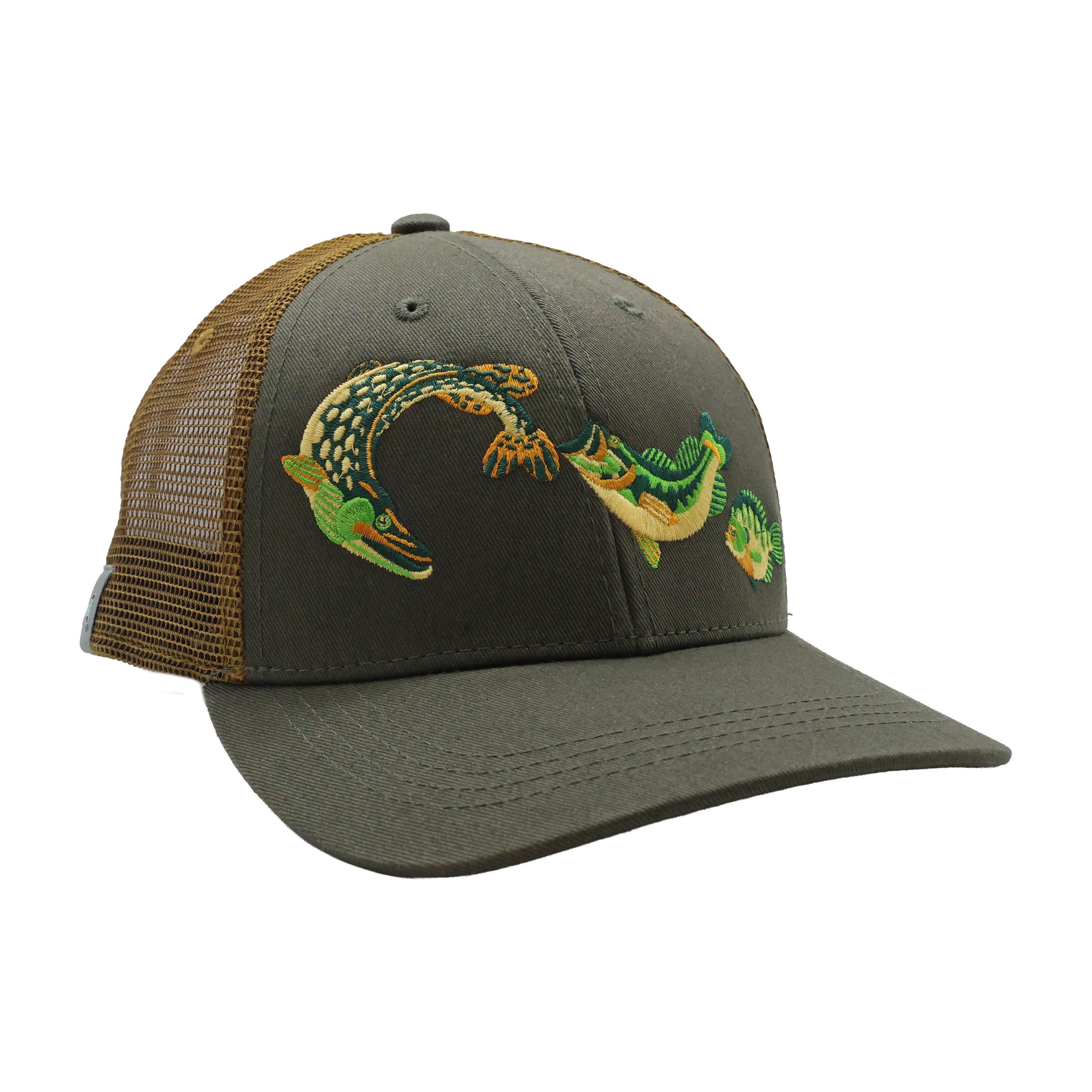 Olive and tan mesh back hat with embroidered multi-fish design across front panel
