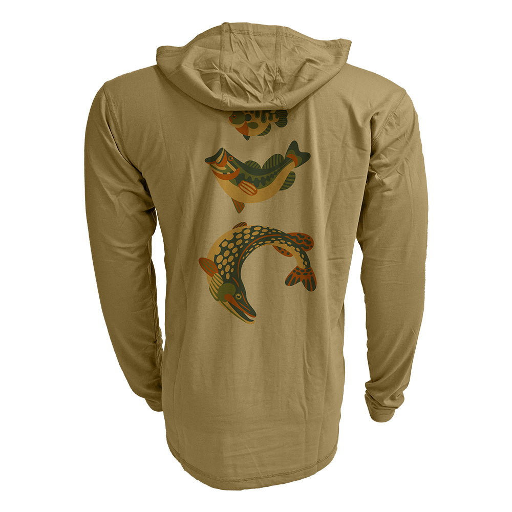 Buckskin hooded long-sleeve sun shirt featuring three vertically stacked stylized fish illustrations in earth tones on the back.