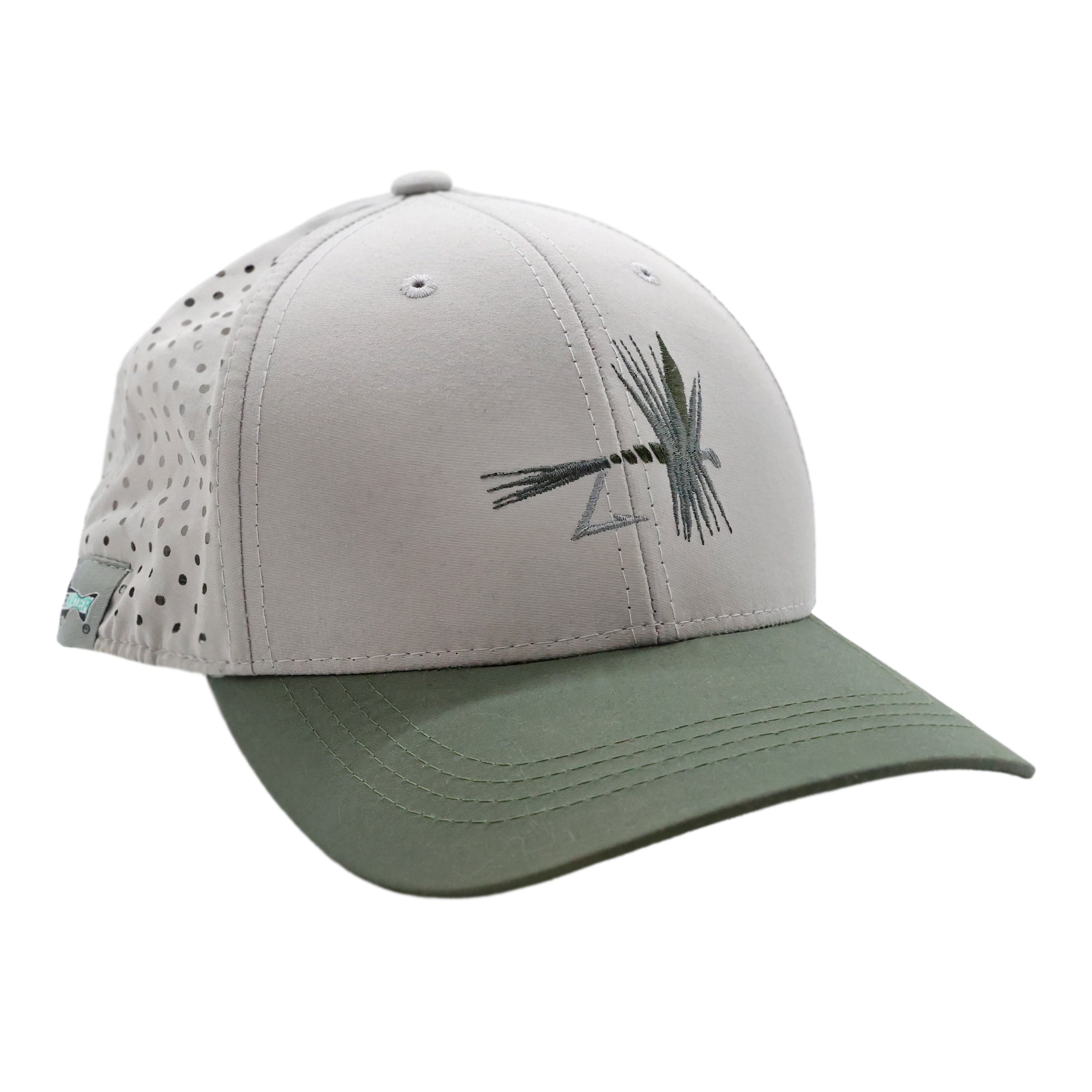 Light gray and olive cap with embroidered dragonfly graphic