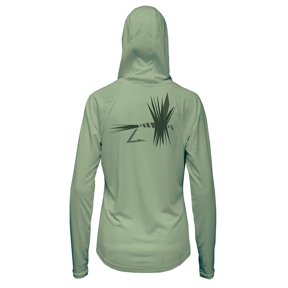 Lichen green hooded long-sleeve sun shirt with dark abstract fly design centered on the back.