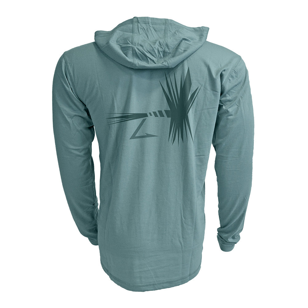 Blue hooded sun shirt with fly design on  the back.