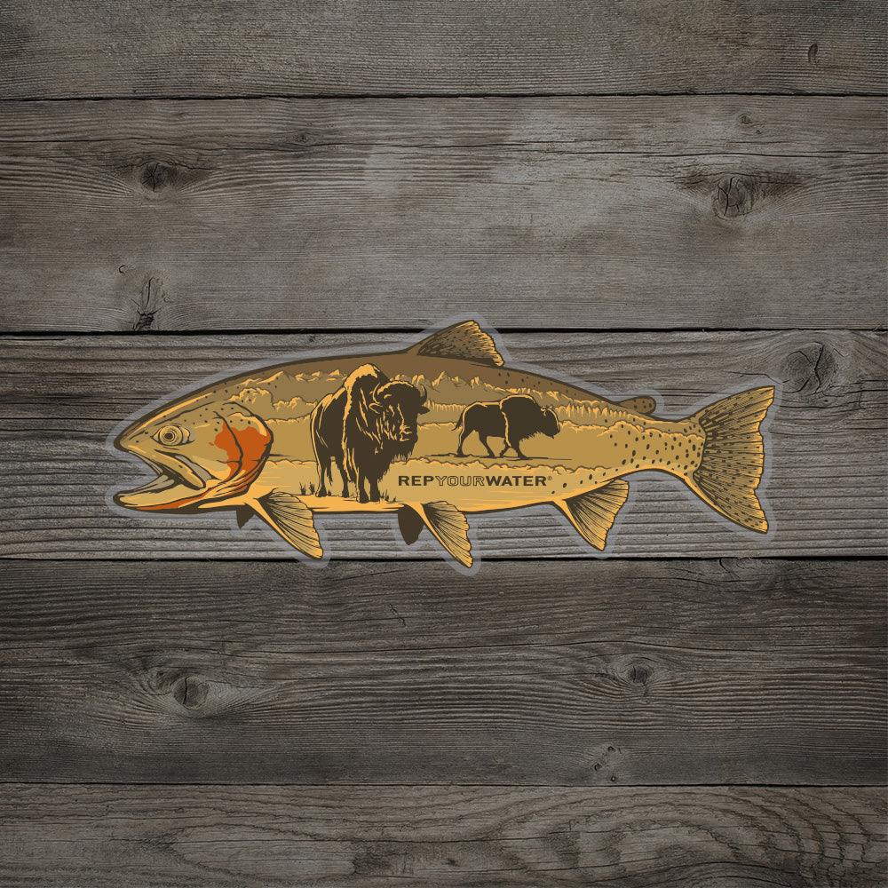 RepYourWater sticker featuring a trout illustration with wildlife silhouettes inside the fish.