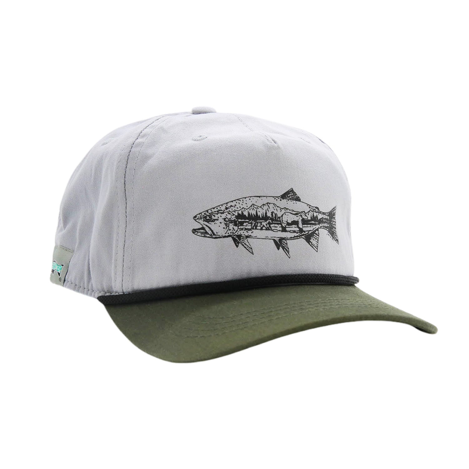 light gray full cloth hat and green bill with a black rope hat with a trout on the front showing mountain scape and bears