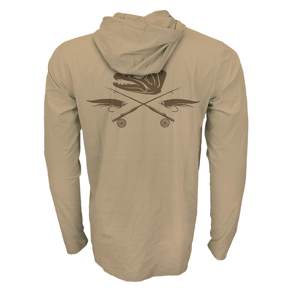 Sand hooded sun shirt with crossed fly rods and fly pattern graphic on the back.