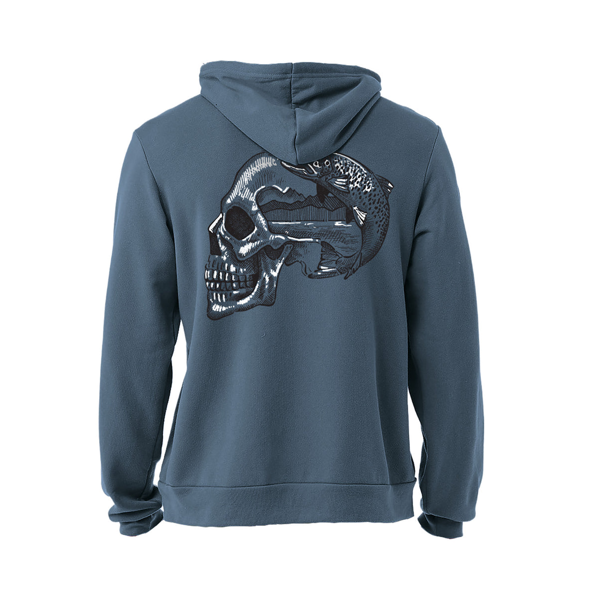 A slate blue hoodie shown from the back, featuring a large graphic print of a metallic silver skull with a trout running through it.