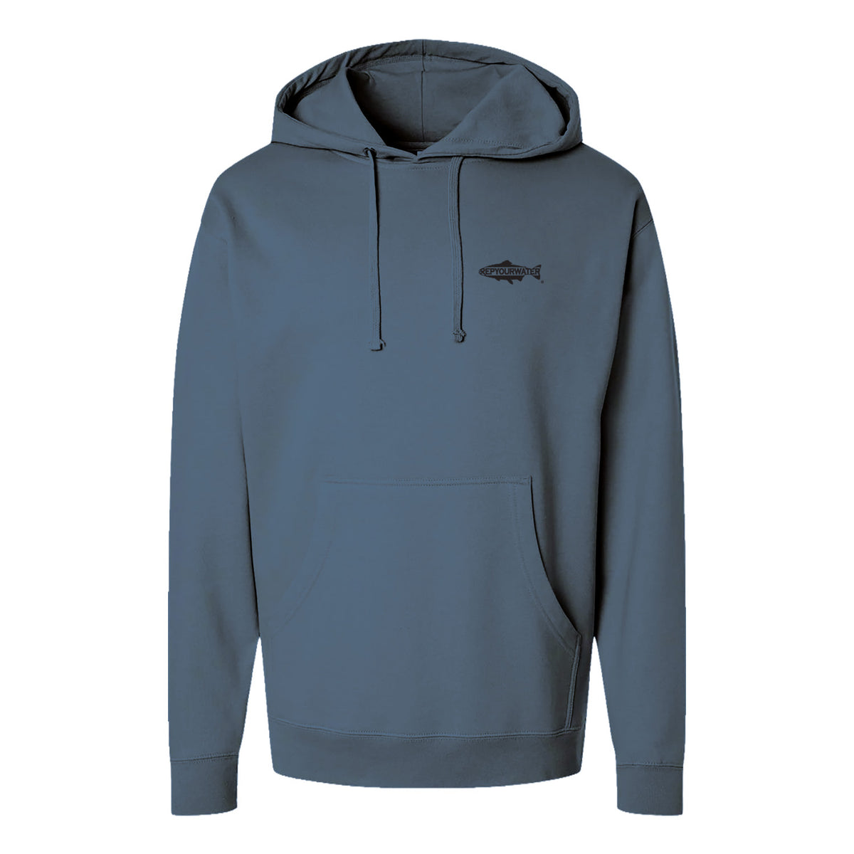A slate blue pullover hoodie with a small black embroidered fish logo on the left chest, shown against a plain white background.