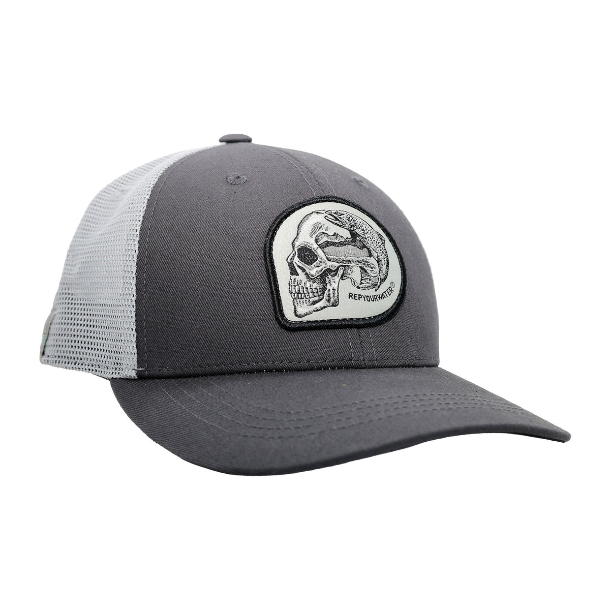 Gray hat featuring a skull and trout patch.