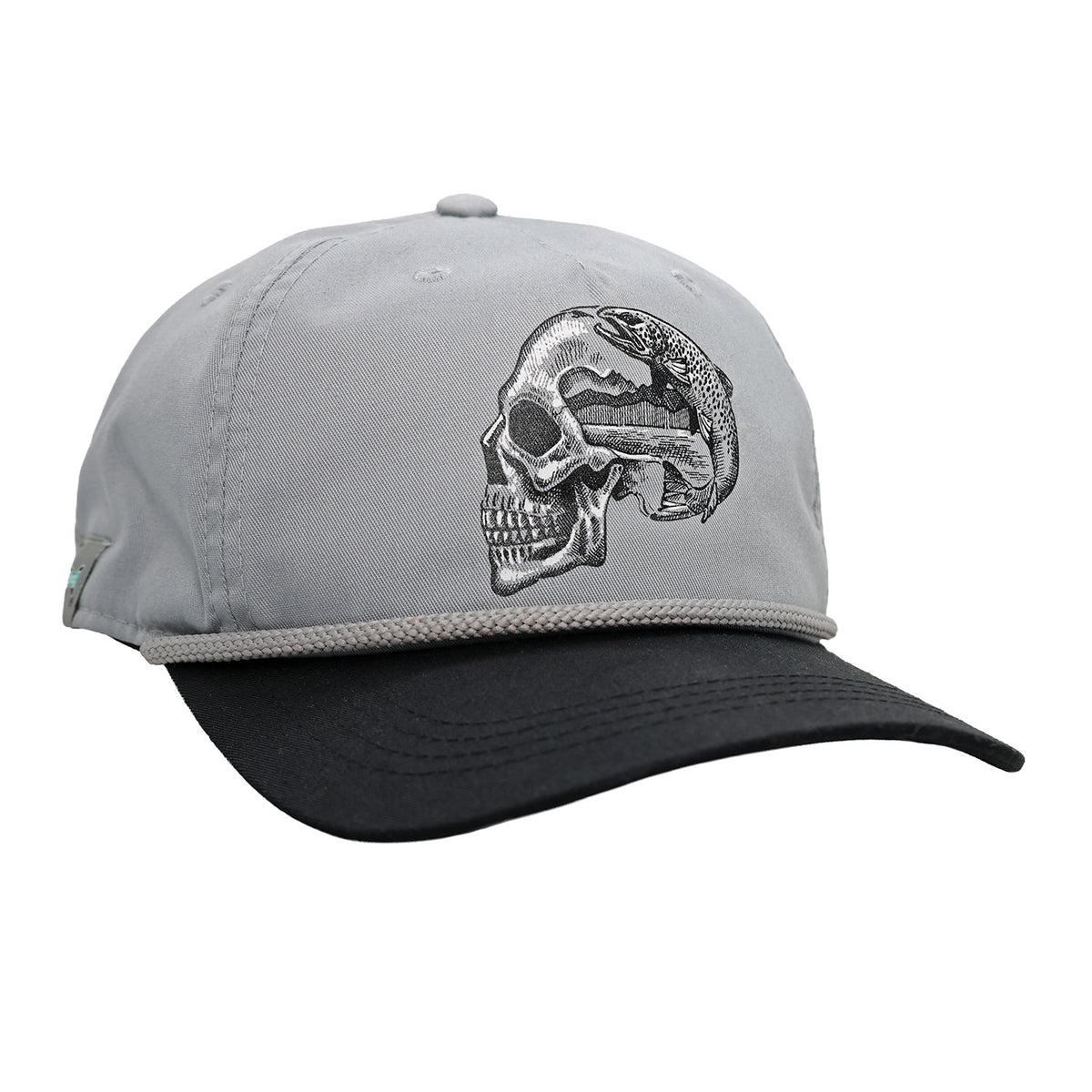 A structured baseball cap with a light gray crown, a black curved brim, and a detailed black and gray skull graphic with a trout around the back of the head, on the front. The cap is shown against a plain white background.