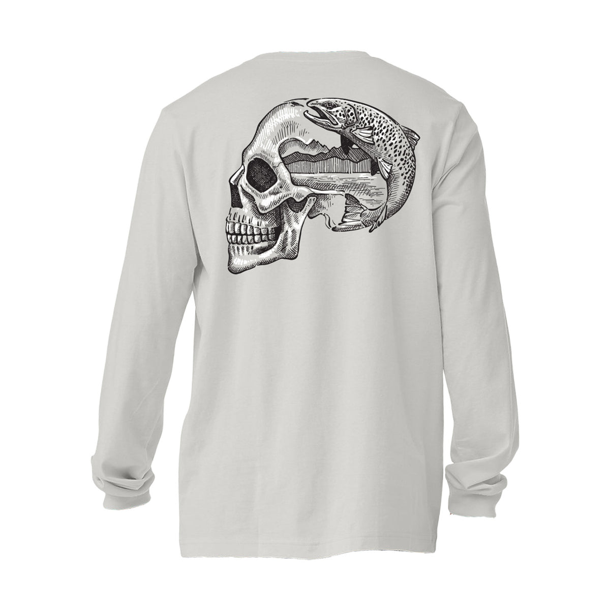 Light gray long-sleeve shirt with a skull and fish design on the back against a white background