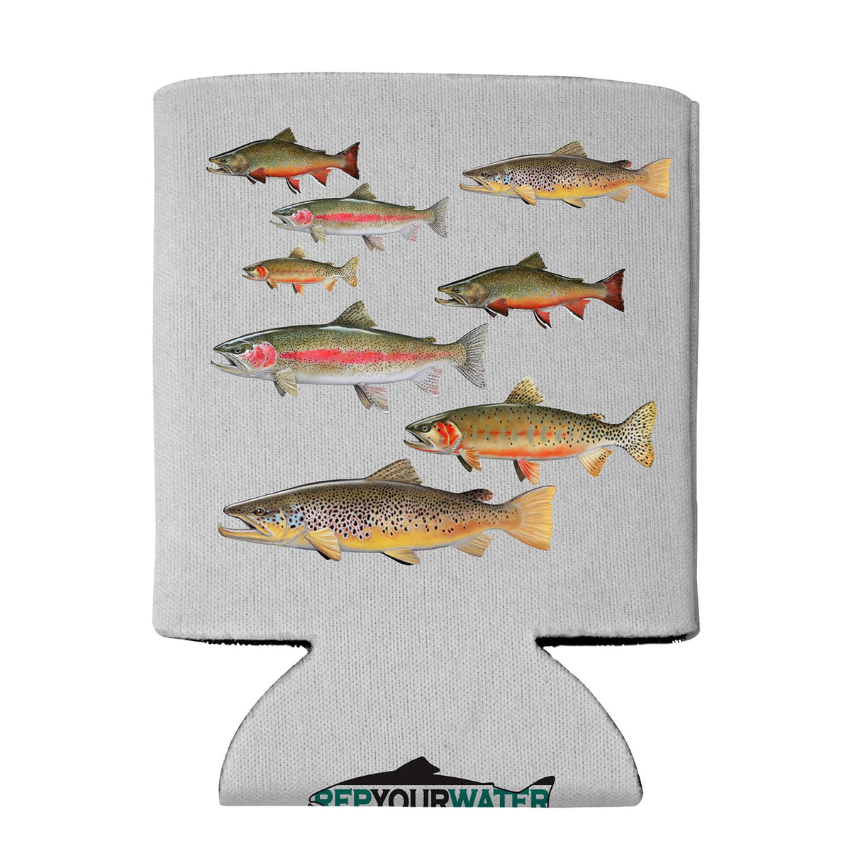 Lotsa Trout Eco Coolie featuring a fish pattern design on an eco-friendly drink sleeve