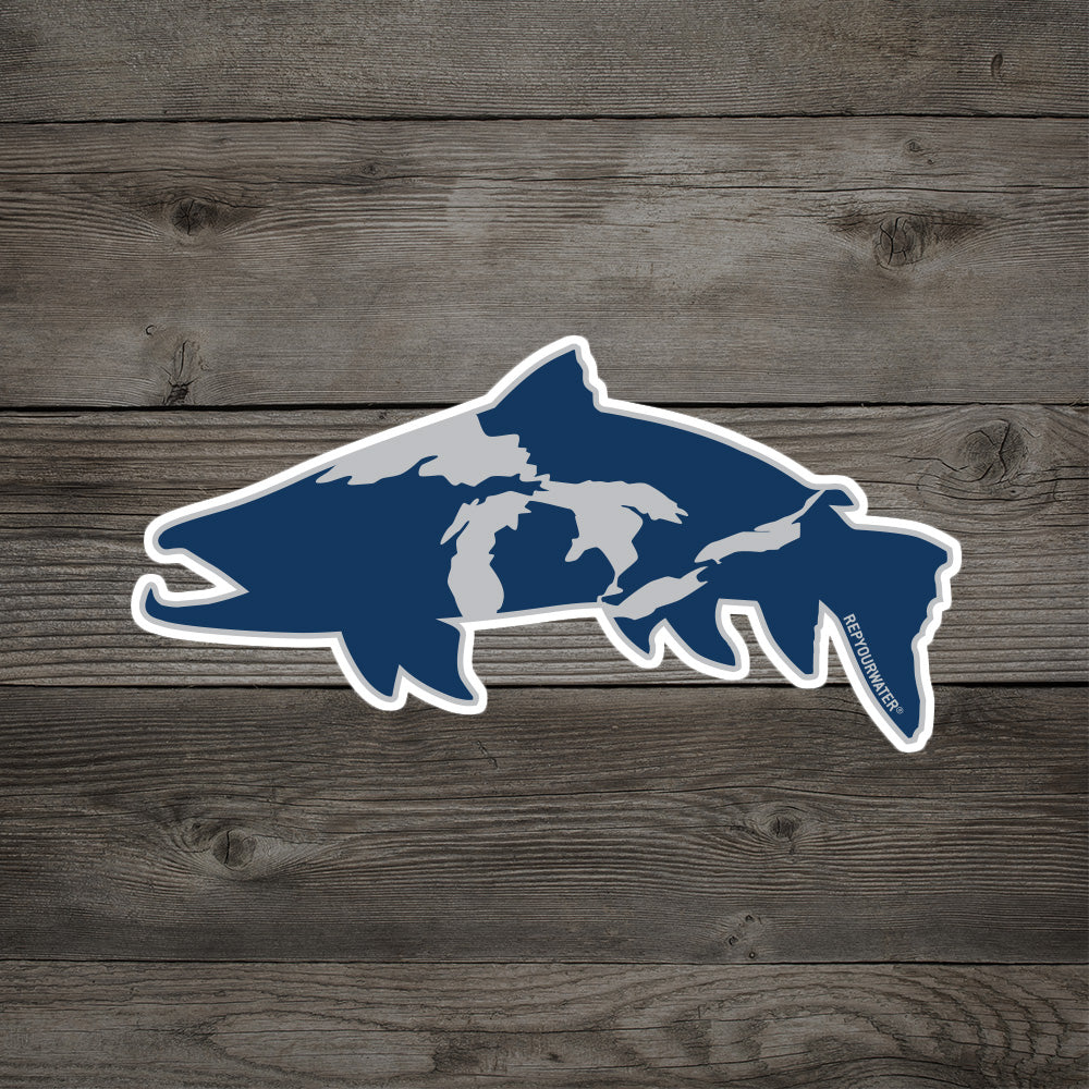 RepYourWater fish-shaped sticker featuring a blue silhouette of the Great Lakes on a wood background.
