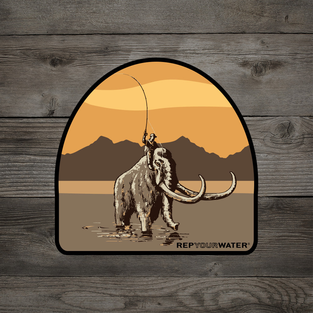 RepYourWater sticker showing a fly angler standing on a mammoth in water at sunset.