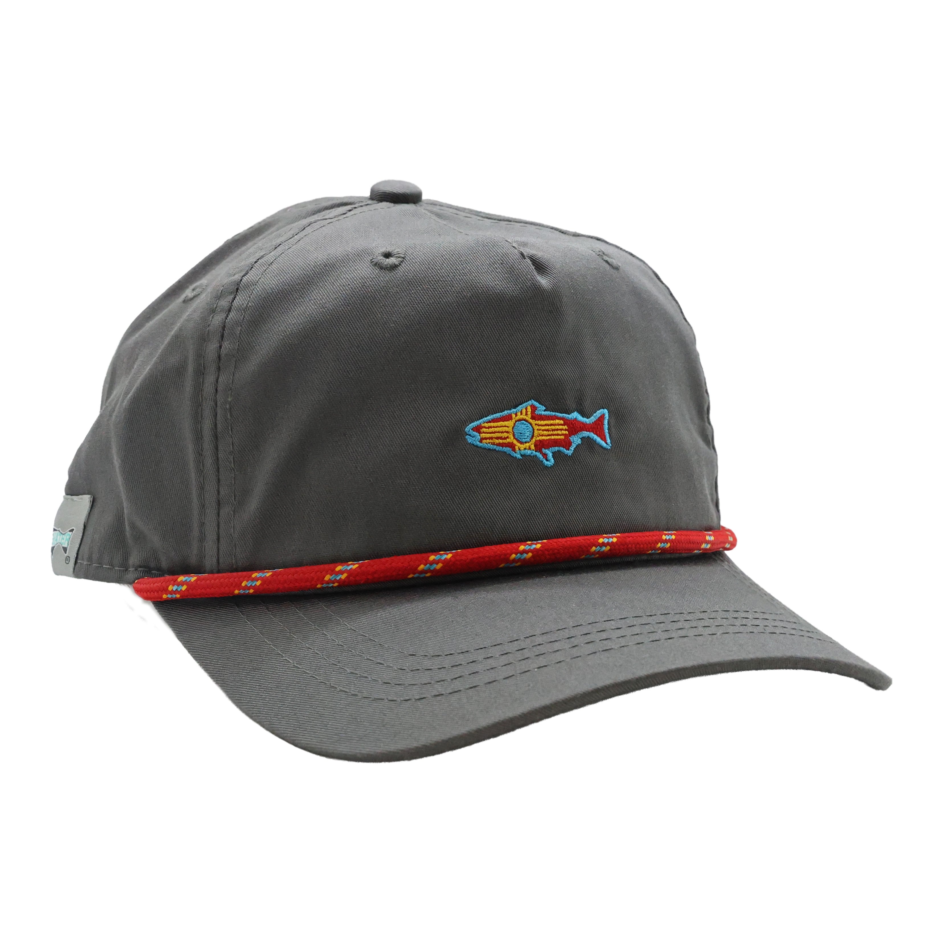 Blue and gray mesh back trucker hat with trout patch on front panel