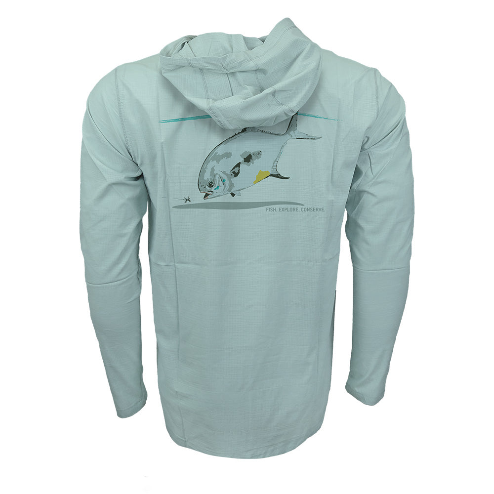 Light blue hooded long-sleeve sun shirt with illustrated permit fish and small fly lure graphic on the back.