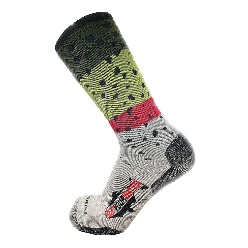 A sock with the pattern of a rainbow trout also has a logo on the foot that reads repyourwater in a trout silhouette