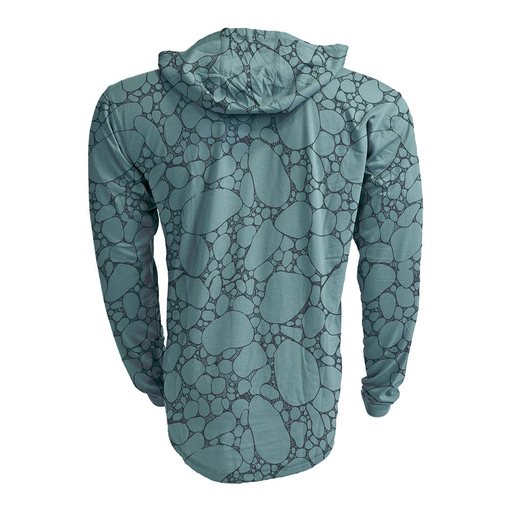 Blue hooded sun shirt with river stone pattern covering the back.