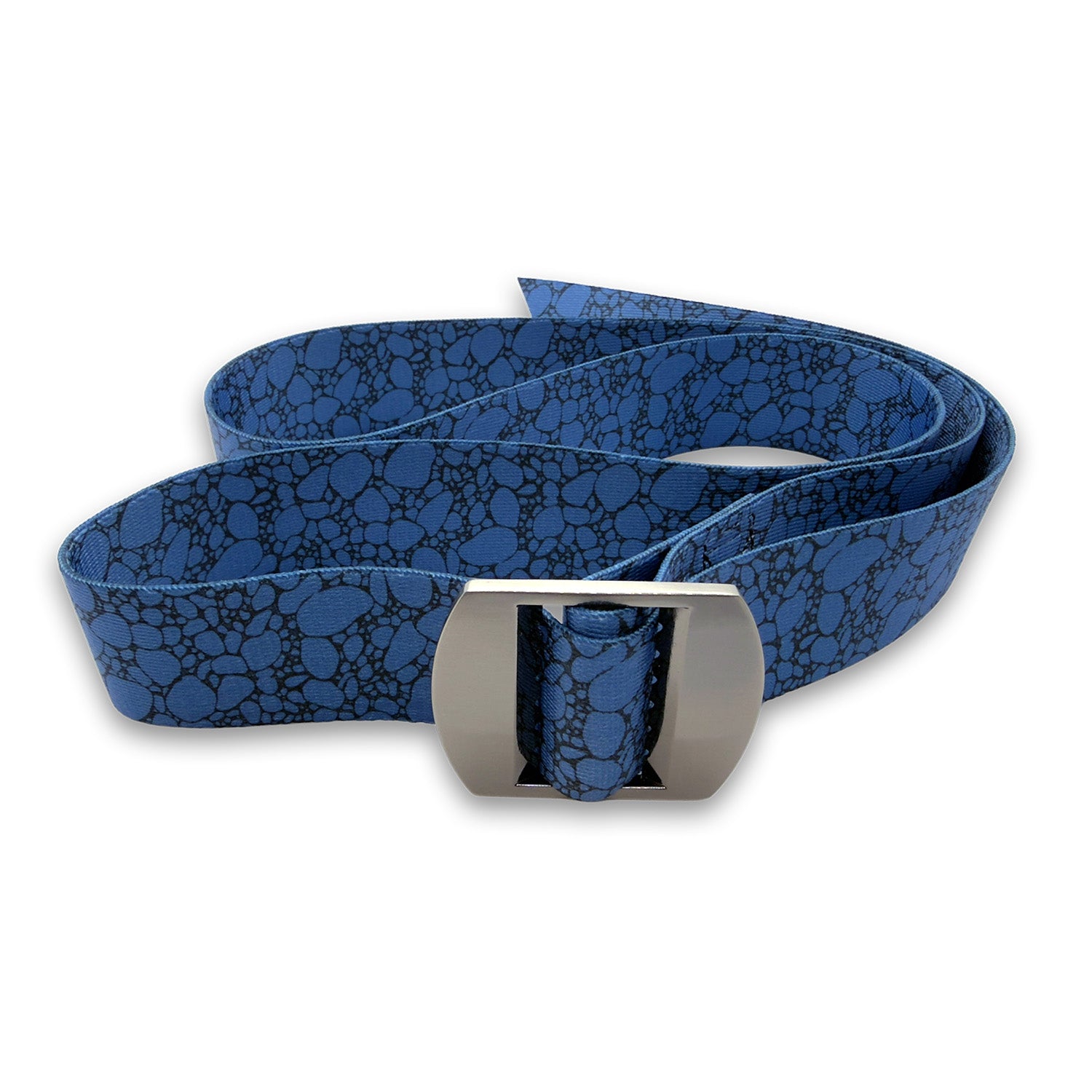 Blue river rock patterned belt with a silver buckle on a white background