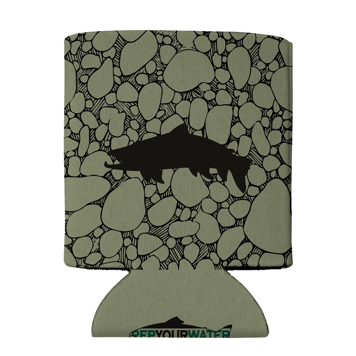 River Rock Trout Eco Coolie featuring a fish pattern design on an eco-friendly drink sleeve