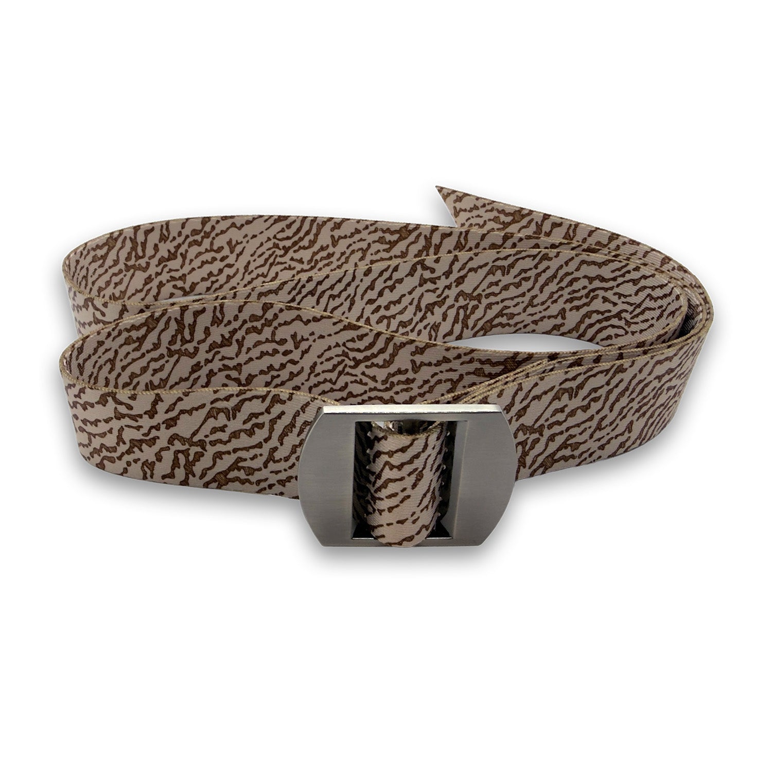 Belt with brown and black pattern and silver buckle on a white background