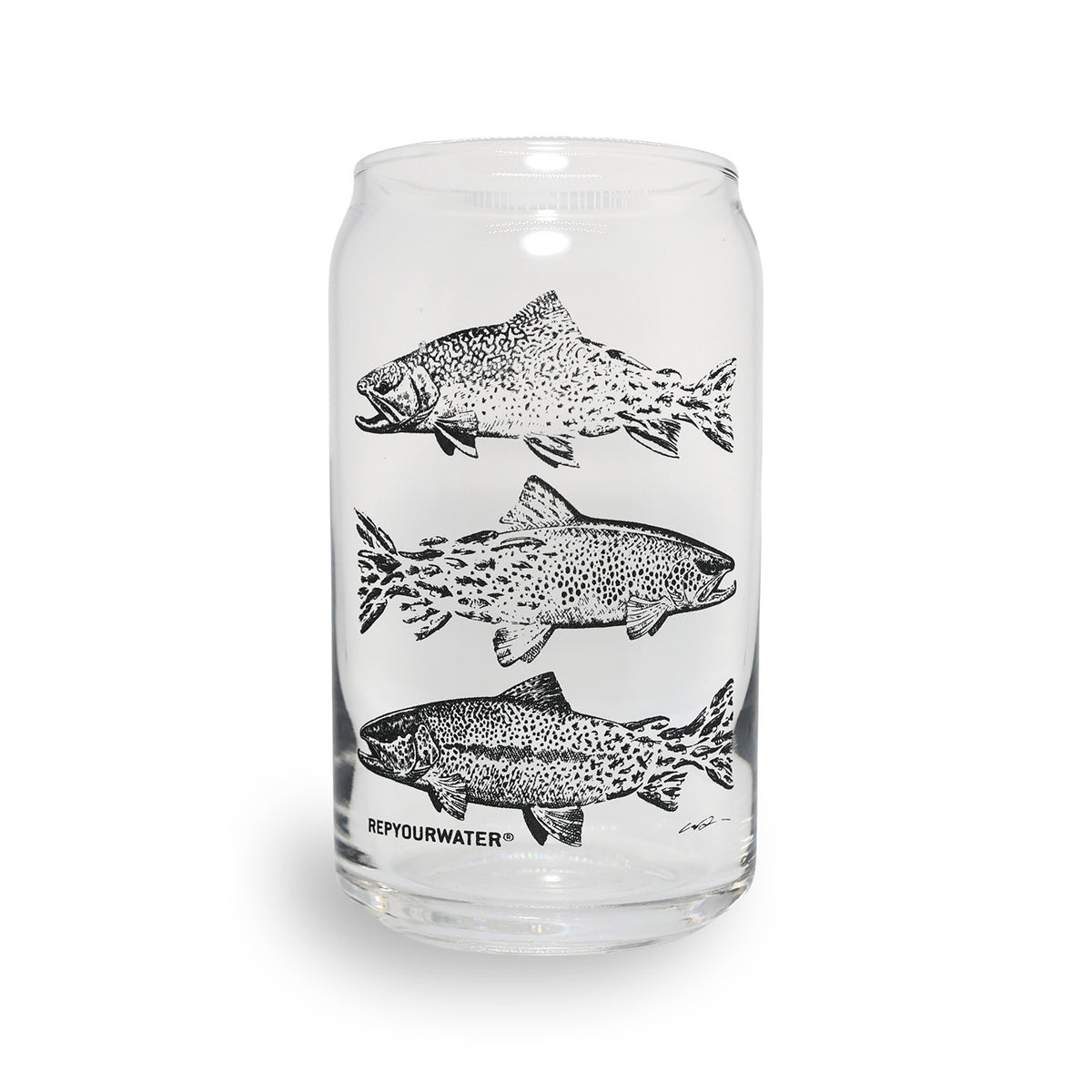 Clear beer can style glass with black ink printed brooktrout snacks, brown snacks, rainbow snacks as the big three snaks glass from rep your water