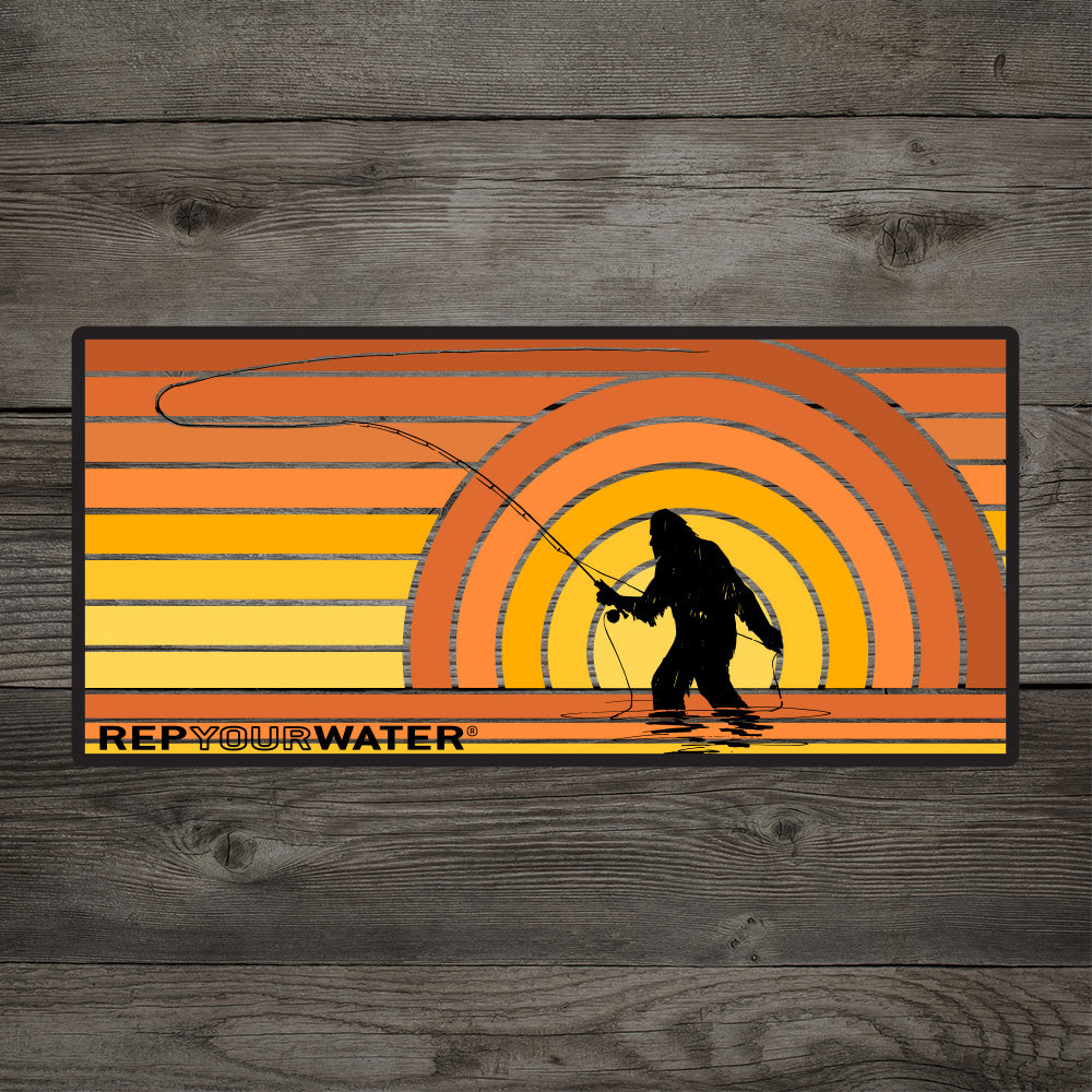 RepYourWater sticker with a sasquatch silhouette against orange and yellow sunset stripes.