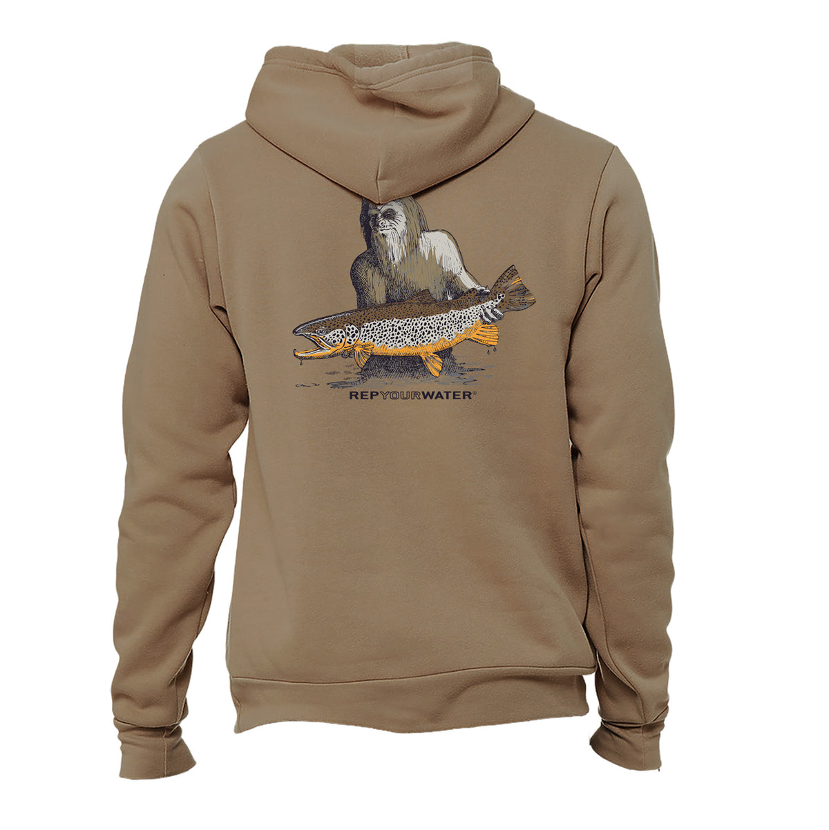 A tan pullover hoodie shown from the back, featuring a graphic of a Sasquatch  holding a brown trout with the text 'REPYOURWATER' printed below.
