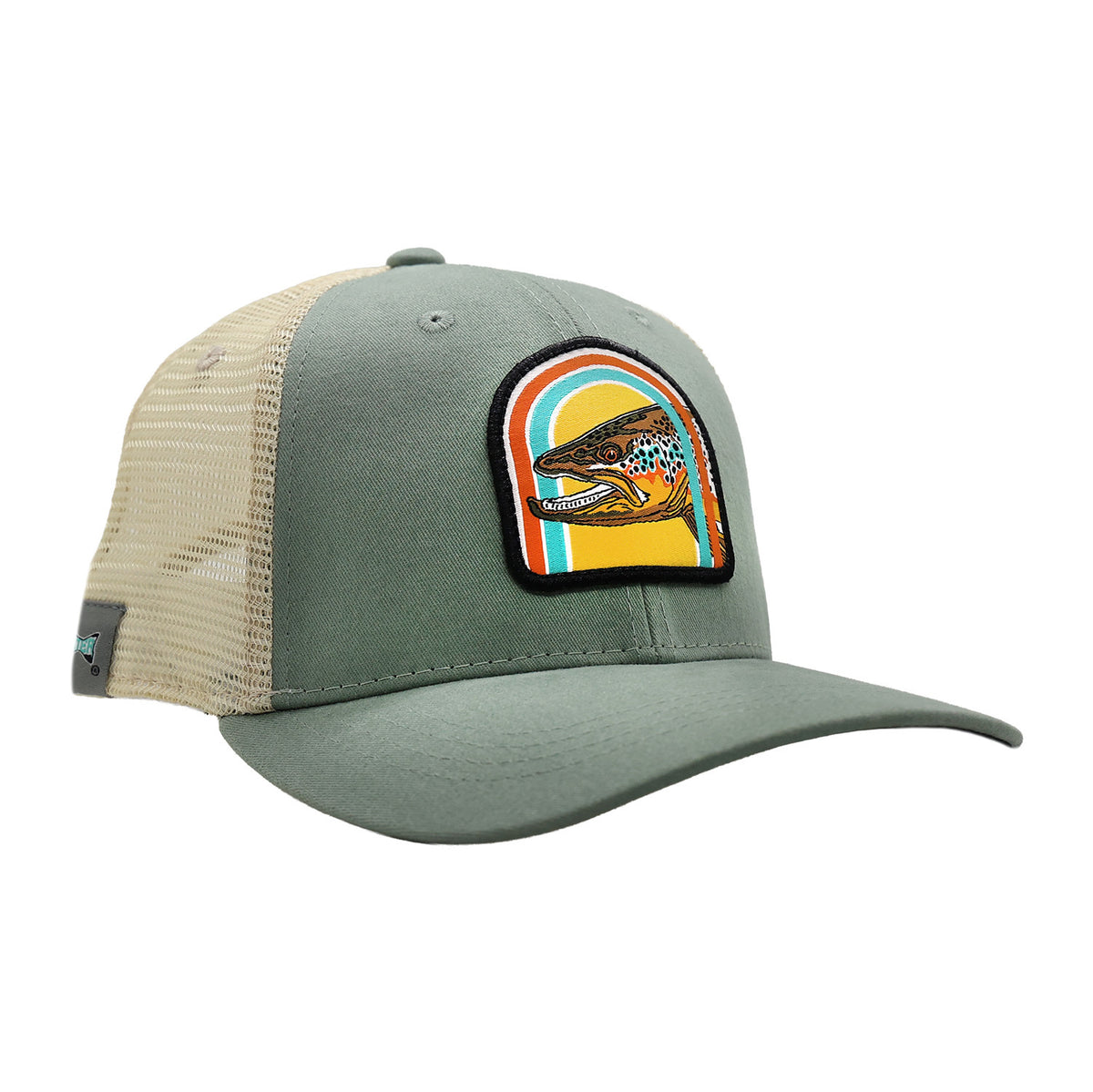Light grean nd tan mesh back hat with a brown trout patch on the front with retro stripe arches. 