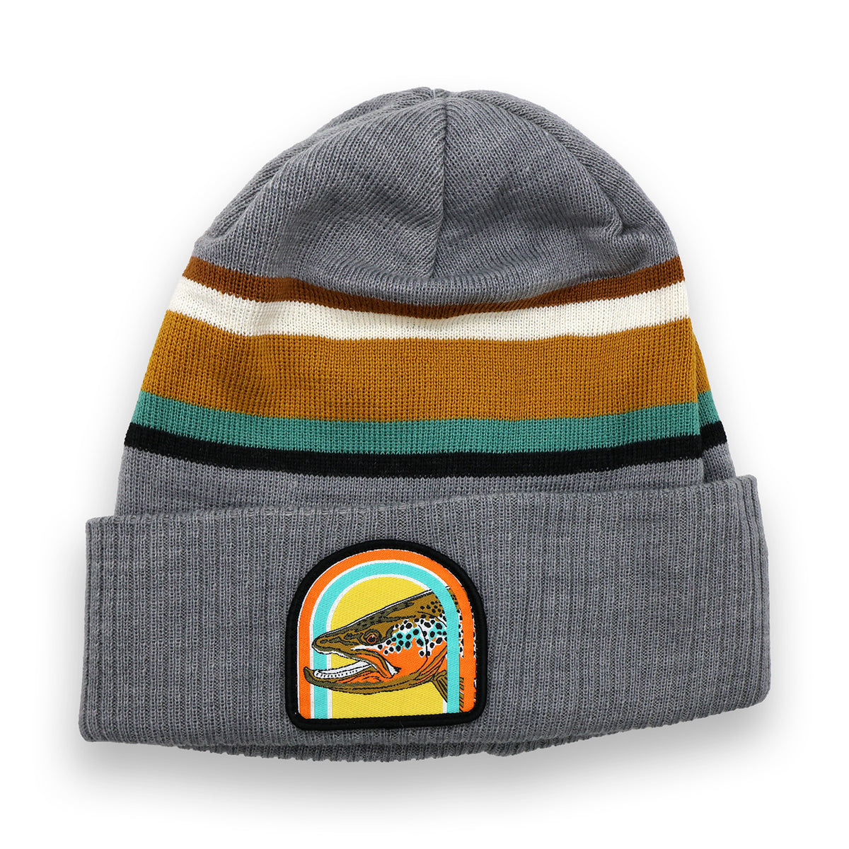 Dark gray trucker hat featuring a large colorful brown trout illustration.