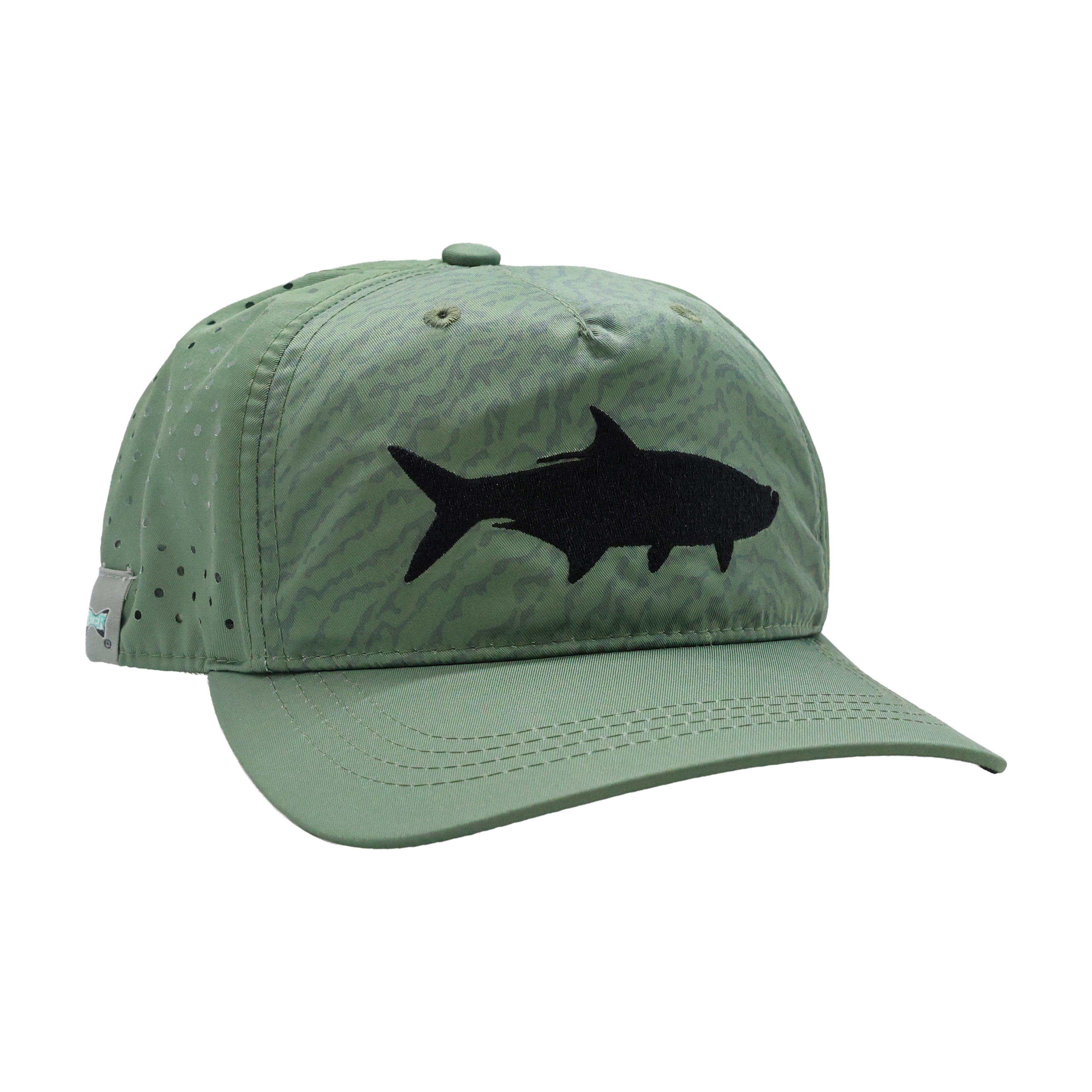 Olive and brown mesh back hat with illustrated trout and bison graphic